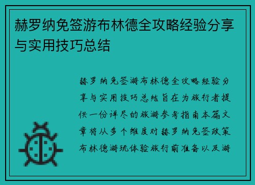 赫罗纳免签游布林德全攻略经验分享与实用技巧总结 赫罗纳免签游布林德全攻略经验分享与实用技巧总结